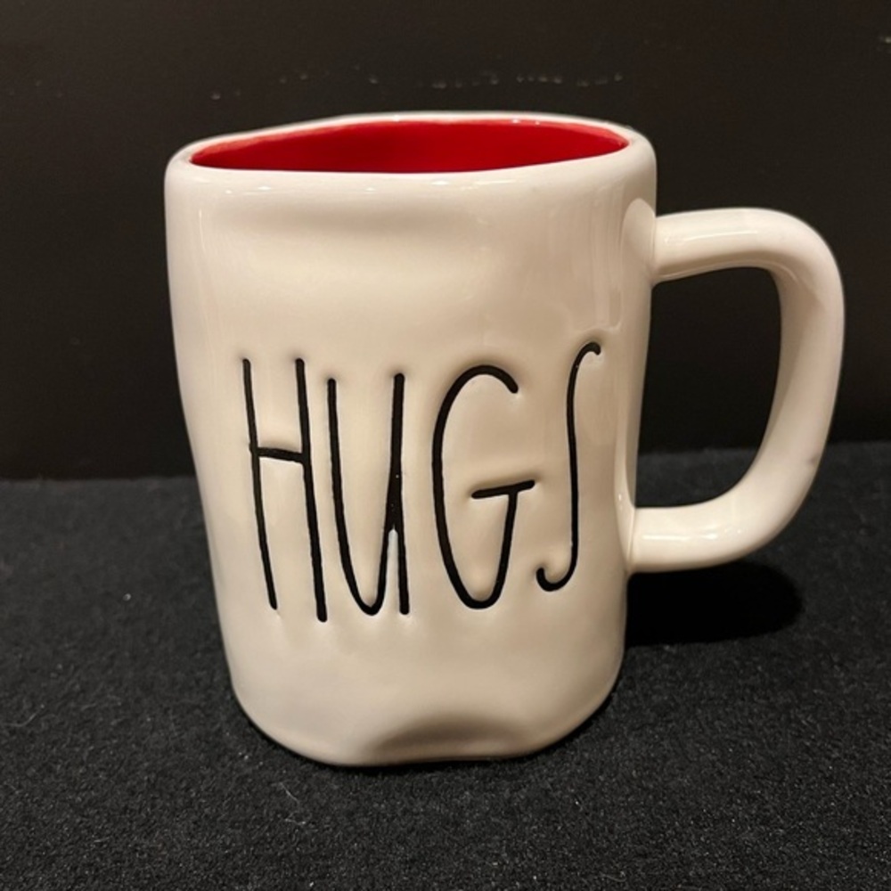 Rae Dunn HUGS and KISSES Ceramic Coffee Mug - White Exterior with Red Interior